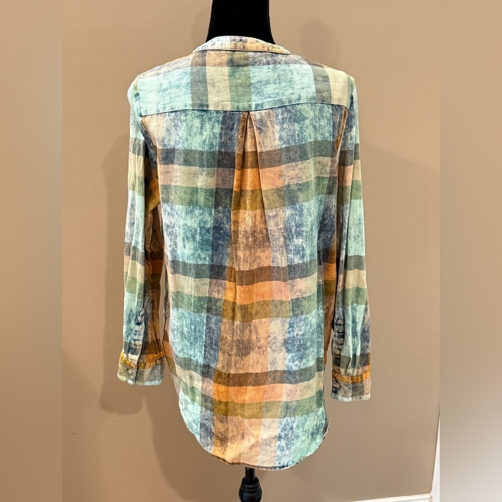 Women’s ANTHROPOLOGIE Isabella Sinclair plaid ruffled tunic acid wash top-Size M - Picture 5 of 8